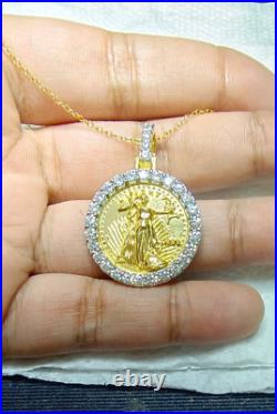 1.50Ct Real Moissanite Liberty Lady Coin Charm Pendant 14K Yellow Gold Plated