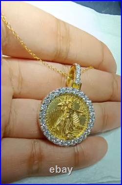 1.50Ct Real Moissanite Liberty Lady Coin Charm Pendant 14K Yellow Gold Plated