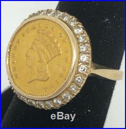 $1 Dollar 14k Yellow Gold Ladies Vintage 1862 Coin With Diamonds Ring