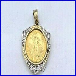 1 Oz Lady Liberty Coin With 1 Ct Diamonds 14K Yellow Gold Finish Frame Pendant