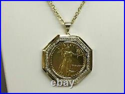 20 mm Coin 2Ct Round Real Moissanite Lady Liberty Pendant 14k Yellow Gold Finish