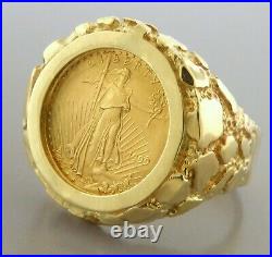20mm Coin American Eagle Men's Nugget Ring Heavy 14K Yellow Gold Finish