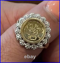 20mm Coin Chinese Panda Bear 3Ct Moissanite Charm Ring 14K Yellow Gold Finish