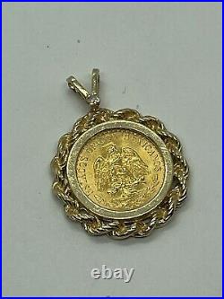 22K 1945 Dos Pesos Gold Coin In 14k Yellow Gold Bezel Pendant 18.5mm, Diamond