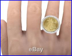 22K 1/4 OZ Liberty Coin 14K Yellow Gold Real Diamond Nugget Pinky Ring 1 1/2 CT