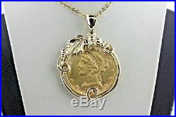 22K $5 Lady Liberty 1881 Coin in 14K Yellow Gold Vine Leaf Bezel Charm Pendant