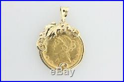 22K $5 Lady Liberty 1881 Coin in 14K Yellow Gold Vine Leaf Bezel Charm Pendant