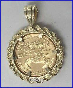 22K FINE GOLD 1/10 OZ LADY LIBERTY COIN set WITH -14K ROPE FRAME PENDANT