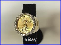 22K FINE GOLD 1/4 OZ LADY LIBERTY COIN 1.75 TCW diamonds in Heavy 14k Gold Ring