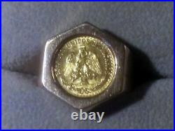22K MEXICAN DOS PESOS COIN ON 14K SOLID YELLOW GOLD 7.3 gm RING Size 6-3/4