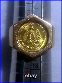 22K MEXICAN DOS PESOS COIN ON 14K SOLID YELLOW GOLD 7.3 gm RING Size 6-3/4