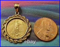 22k Fine Gold Vintage 1998 Lady Liberty Coin Pendant With14k Gold Rope Frame