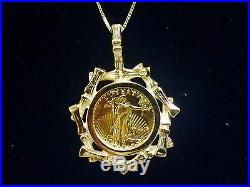 22kt Fine Gold 1/10 Oz Lady Liberty Coin In 14k Yellow Gold Bamboo Frame Pendant