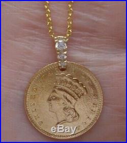 23K Gold Coin Diamond Bail 1862 $1 Civil War Issue Pendant Necklace 14K YG