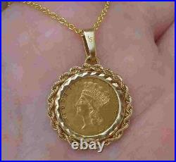 23K Gold Pre-Civil War Coin 1856 $1 Princess Head Pendant Necklace 14K YG