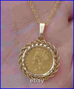 23K Gold Pre-Civil War Coin 1856 $1 Princess Head Pendant Necklace 14K YG