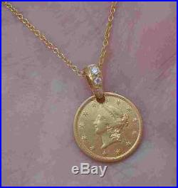 23K Liberty Gold Coin Diamond Bail 1852 $1 Pre-Civil War Pendant Necklace 14K YG