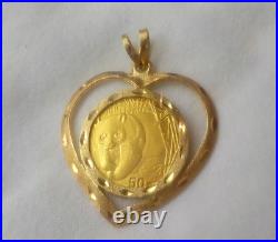24K 14K Yellow Gold Heart 2001 1/10 Oz Panda Coin Pendant 5.63 gm, 1.35 in