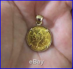 24K Gold Maple Leaf 1/10 oz Coin Canada Charm Pendant Necklace 14K Gold Bezel