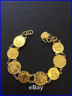 24K Solid Yellow Gold Unique Chinese Coin Bracelet