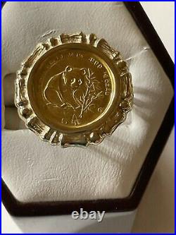 24 KT CHINESE PANDA BEAR COIN SET IN 14 KT SOLID YELLOW GOLD COIN RING sz 4.75