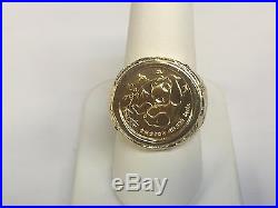 24 Kt Chinese Panda Bear Coin Set In 14 Kt Solid Yellow Gold Nugget Coin Ring