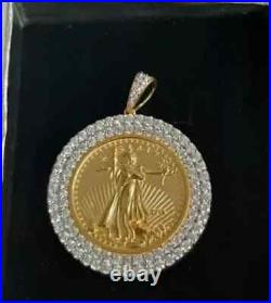 2Ct Real Moissanite Lady Liberty COIN Pendant Necklaces 14K Yellow Gold Plated