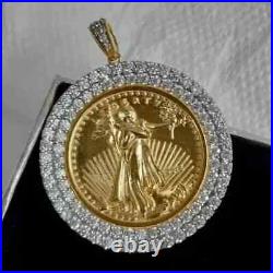 2Ct Real Moissanite Lady Liberty COIN Pendant Necklaces 14K Yellow Gold Plated