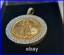 2Ct Real Moissanite Lady Liberty COIN Pendant Necklaces 14K Yellow Gold Plated