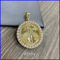 2Ct Real Moissanite Lady Liberty Coin Pendant 14K Yellow Gold Plated Silver
