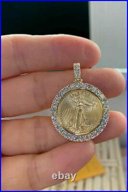 2Ct Round Cut VVS1Real Moissanite Coin Medallion Necklace 14K Yellow Gold Finish