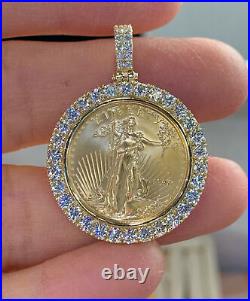 2Ct Round Cut VVS Real Moissanite Coin Medallion Necklace 18K Yellow Gold Finish
