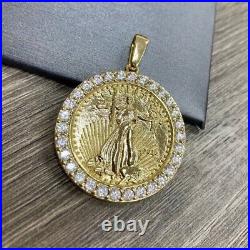 2Ct Round Lab Created Diamond Lady Liberty Coin Pendant 14K Yellow Gold Plated