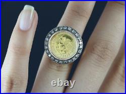$2,000 Vintage 14k Yellow Gold Single Cut Round Diamond 21K Peso Coin Ring 4.5