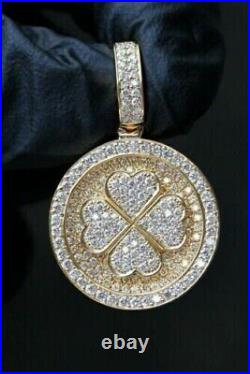 2.00 CT Round Real Moissanite Men's 4 Leaflet Coin Pendant Yellow Gold Plated