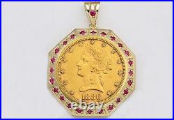 2.50Ct Round Cut Simulated Red Ruby Liberty Coin Pendant 14K Yellow Gold Plated