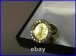 2 Ct Real Moissanite Round LIBERTY COIN Ring In 14k Yellow Gold Over 925 Silver