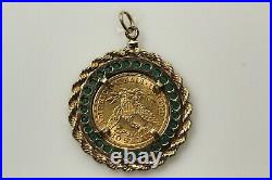 2 Ct Round Lab Created Emerald Liberty Coin Bezel Pendant 14k Yellow Gold Plated