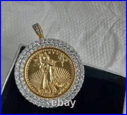 3Ct Round Cut Real Moissanite Medallion Coin Necklace 14K Yellow Gold Plated