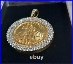 3Ct Round Cut Real Moissanite Medallion Coin Necklace 14K Yellow Gold Plated