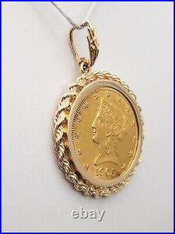 $4000 Genuine $10 US LIBERTY GOLD COIN 1905 22k 14k Yellow Gold Pendant