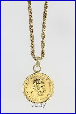 5 Kronor 1899 Oscar II Coin Pendant on 25 Rope Chain Necklace 14K Yellow Gold