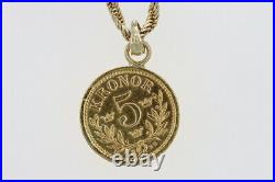 5 Kronor 1899 Oscar II Coin Pendant on 25 Rope Chain Necklace 14K Yellow Gold