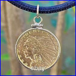 90% Pure Gold Indian Head Half Eagle Coin from 1910 in 14K Frame Pendant, 9.6g