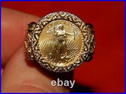 925 Silver LADY LIBERTY COIN RING 2ct ROUND CUT Red Garnet14K Yellow Gold Finish