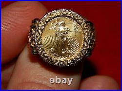 925 Silver LADY LIBERTY COIN RING 2ct ROUND CUT Red Garnet14K Yellow Gold Finish