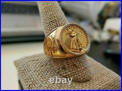 925 Sterling Silver Beauty Charm Men's Coin Band Ring 14K Yellow Gold Finish