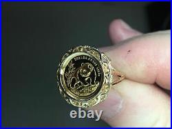 925 Sterling Silver CHINESE PANDA BEAR COIN CHARM RING In Yellow Gold Finish