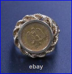 925 Sterling Silver MEXICAN DOS PESOS Coin Men's Ring Yellow Gold Finish