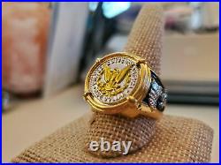 925 Sterling Silver Men's American Eagle Coin Charm Ring Yellow Gold Finish
